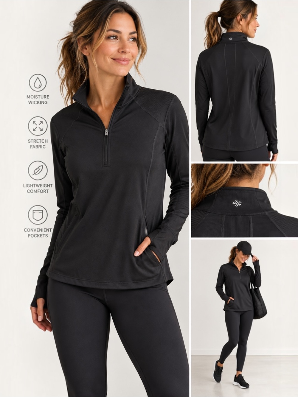 Tek Gear Women’s XL DryTek Black 1/4 Zip Pullover Athletic Top Pockets Stretch